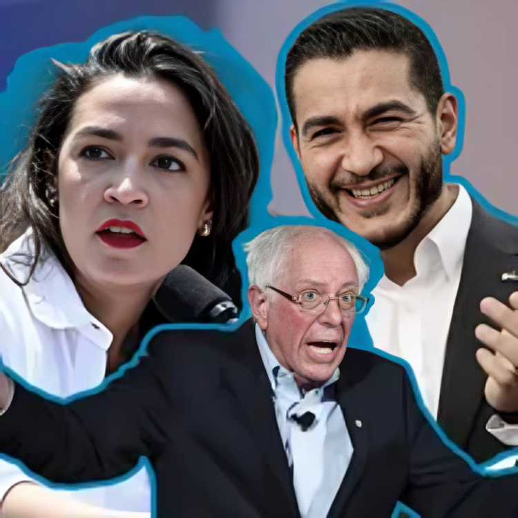 Three people, two men and one woman, appear in front of a bluish background with blue outlines around them. They are engaged in conversation or speaking.