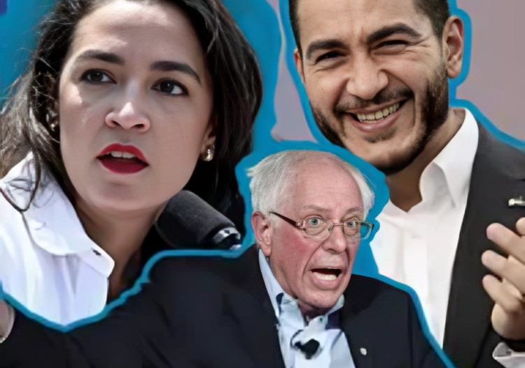 Three people, two men and one woman, appear in front of a bluish background with blue outlines around them. They are engaged in conversation or speaking.